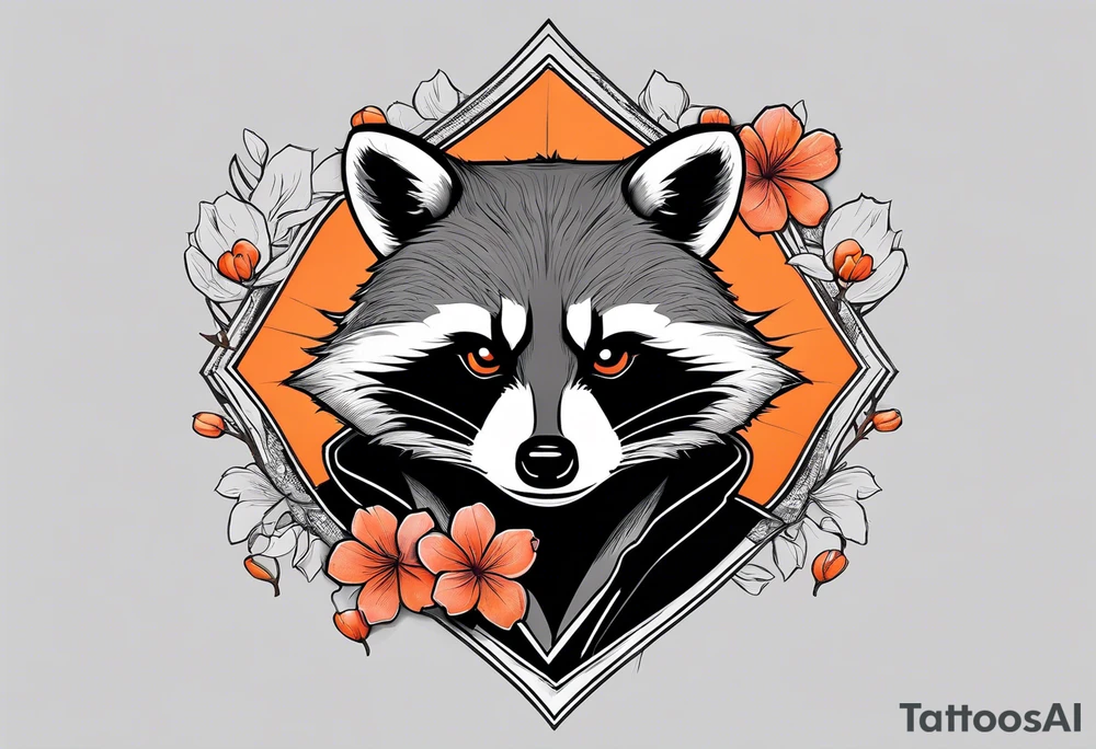 Raccoon wearing a white Superman logo on a black hoodie and orange Japanese cherry blossoms beside tattoo idea