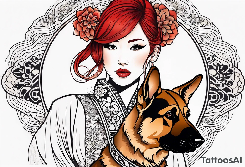 red hair woman with German shepherd dog tattoo idea