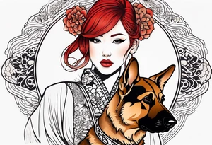 red hair woman with German shepherd dog tattoo idea