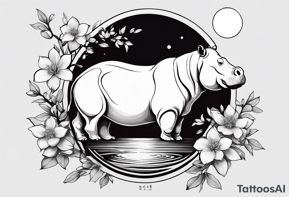 Asymmetrical, geometric, chinese ink art touch, hippo , full moon, wintersweet flower, light , modify from my favourite, s-shape tattoo idea