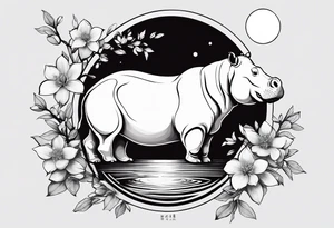 Asymmetrical, geometric, chinese ink art touch, hippo , full moon, wintersweet flower, light , modify from my favourite, s-shape tattoo idea