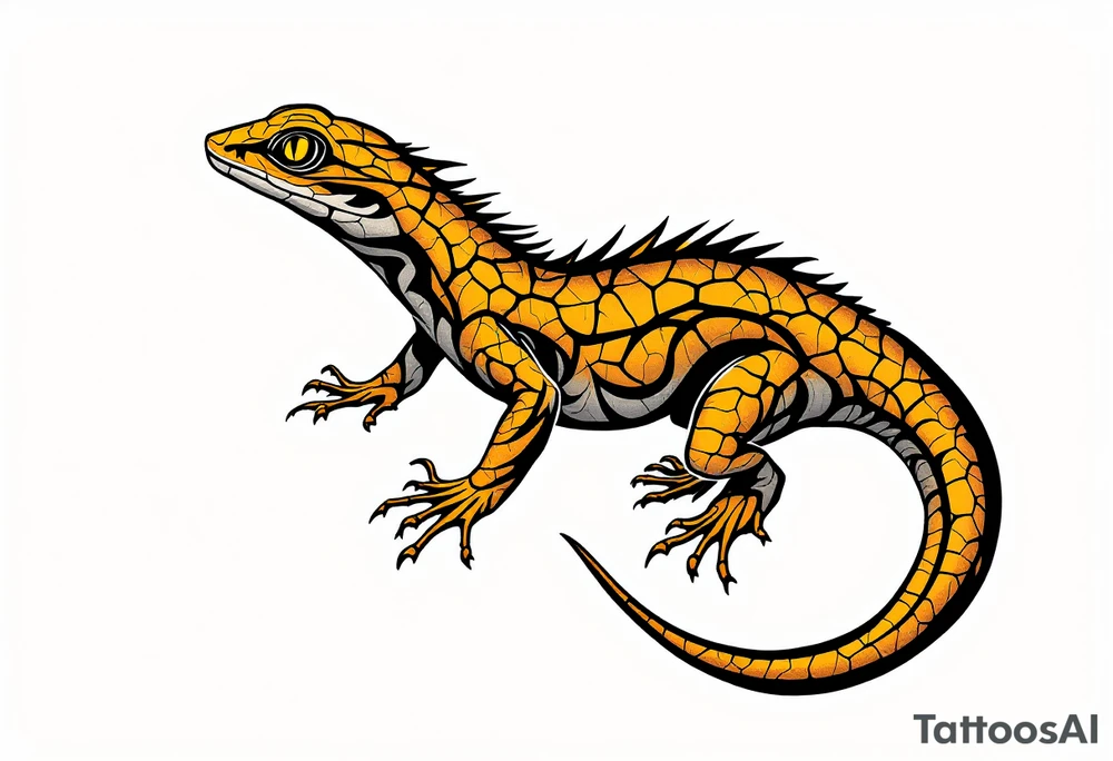Tribal desert lizard with cracked earth texture – A sleek, agile lizard in motion, designed with tribal curves and sharp angles along its spine. Its skin mimics the pattern of sunbaked, cracked earth, blending tones of burnt orange, dusty brown, and charcoal black. The tail coils elegantly, forming a spiral, while the eyes gleam in golden yellow, symbolizing survival, transformation, and primal instincts. tattoo idea