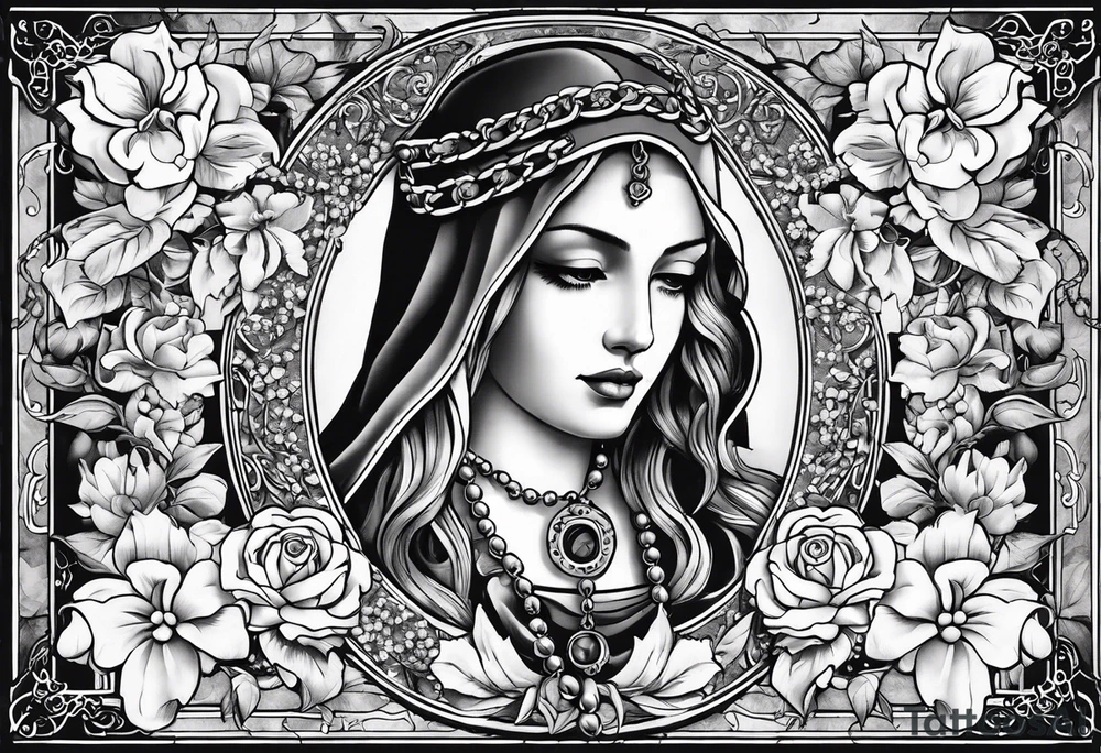 rosary with floral vines wrapped around it with loving memory 1918-2006 tattoo idea