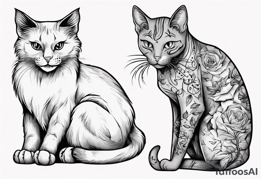 Maine coon cat and a grey cat with extra toes playing together tattoo idea