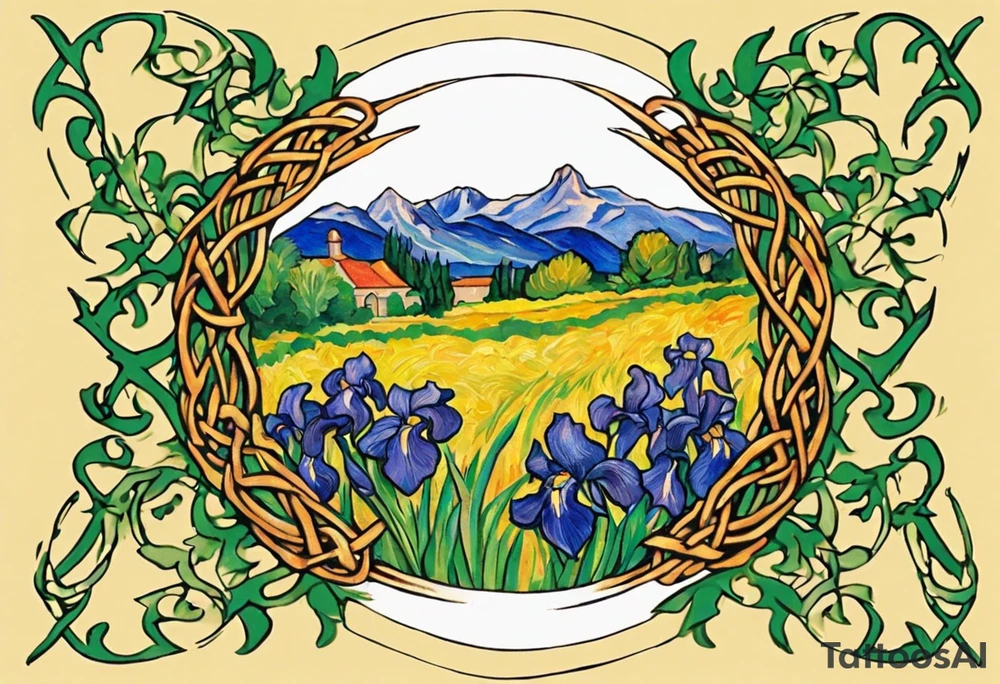 Create a small colorful Vincent van Gogh Irises tattoo in the form of a crescent, with vines or Celtic knots gracefully intertwining at a central point in the middle of the wreath.  In the middle of the wreath are mountains and other items found in New Mexico. Ensure that the design avoids the appearance of a bush and maintains a more structured and deliberate arrangement. The intended placement is on the upper chest. The overall design should be small in size while maintaining a delicate and artistic aesthetic. Pay attention to the graceful flow of the vines and the placement of the irises to achieve a refined and elegant look. tattoo idea