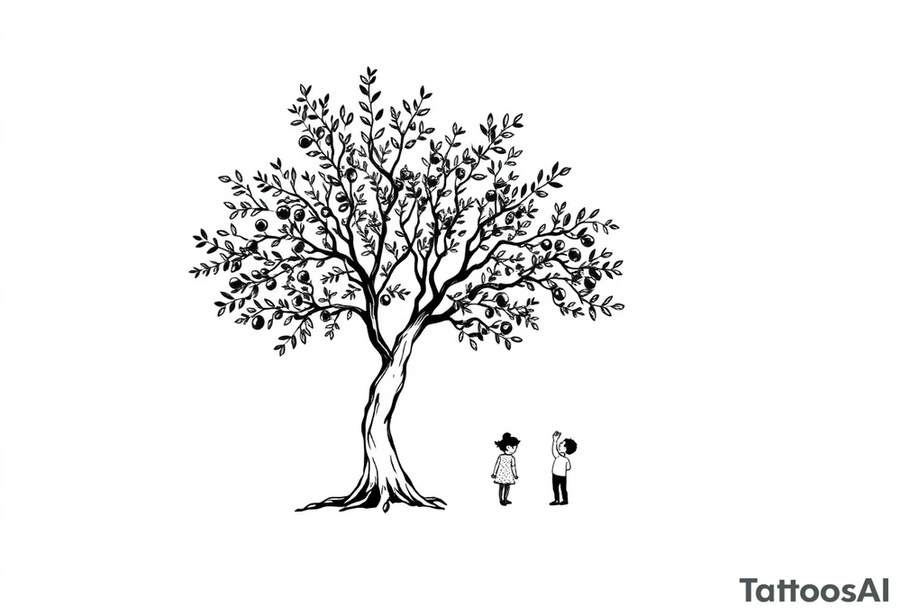 A big olive tree with a child and his parents picking it tattoo idea