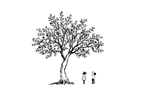 A big olive tree with a child and his parents picking it tattoo idea