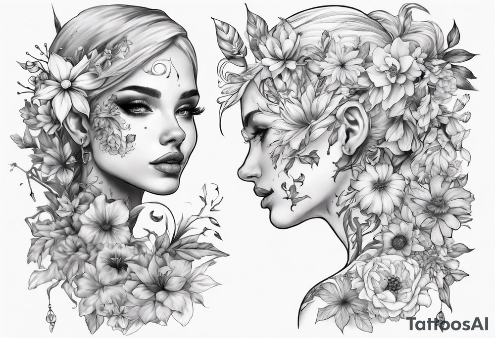 Face of elf covered in different flowers back tattoo tattoo idea