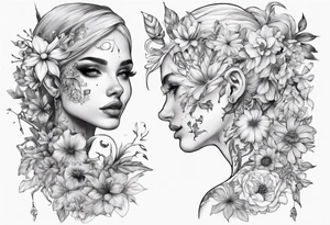 Face of elf covered in different flowers back tattoo tattoo idea