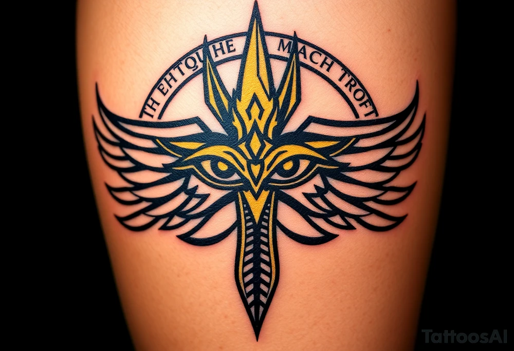 A bold black and gold Eye of Horus, with intricate hieroglyphs in the background tattoo idea