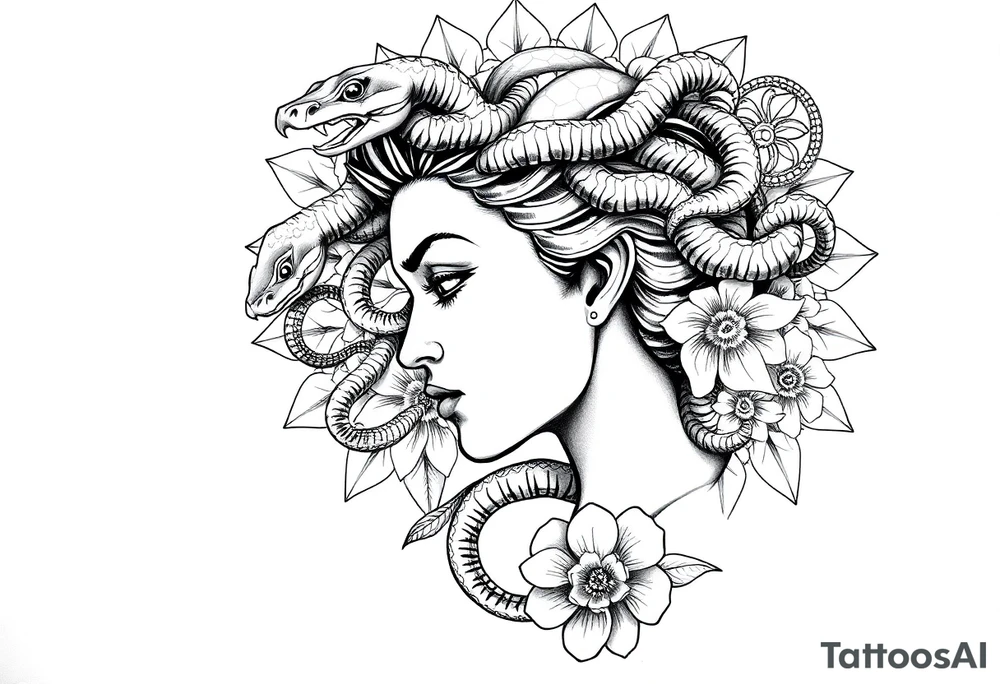 Side portrait of Medusa with snake heads, flowers and mandala background tattoo idea