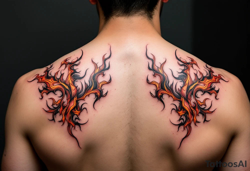 Matching red and orange flame tattoo on each shoulders. tattoo idea