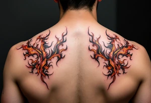 Matching red and orange flame tattoo on each shoulders. tattoo idea
