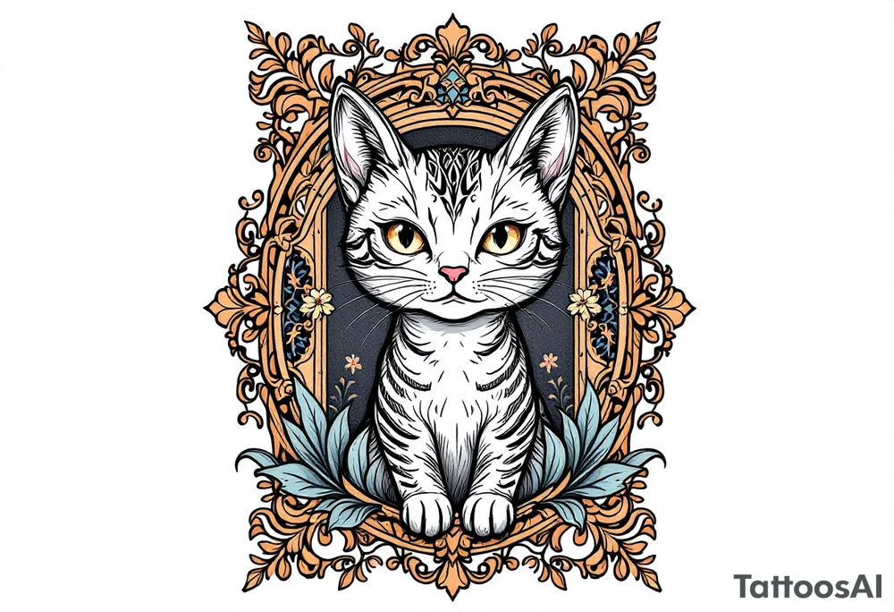 Neo traditional cat in an ornate frame tattoo idea