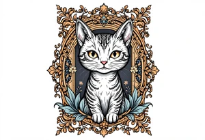 Neo traditional cat in an ornate frame tattoo idea