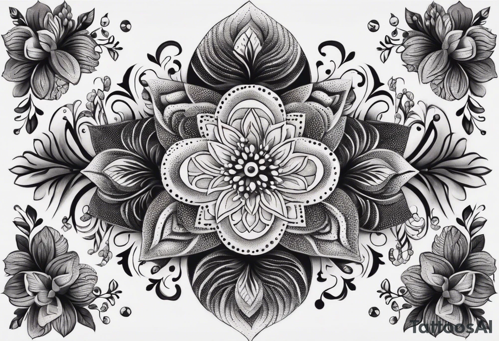 Ornamental tattoo with nature on the back tattoo idea