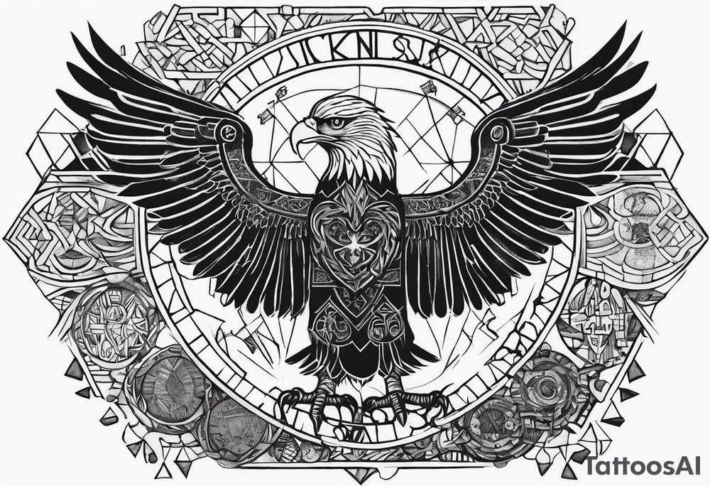 Polish eagle surrounded by viking runes sitting on the tree of life, scattered random geometric shapes and ancient artifacts, include Bruce Springsteens simply the best song tattoo idea