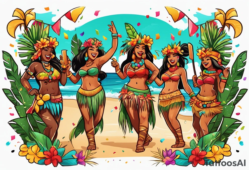 hulu tiki party with dancing tiki guys and sexy tiki girls on a beach with music notes and confetti around a blank space in the middle tattoo idea