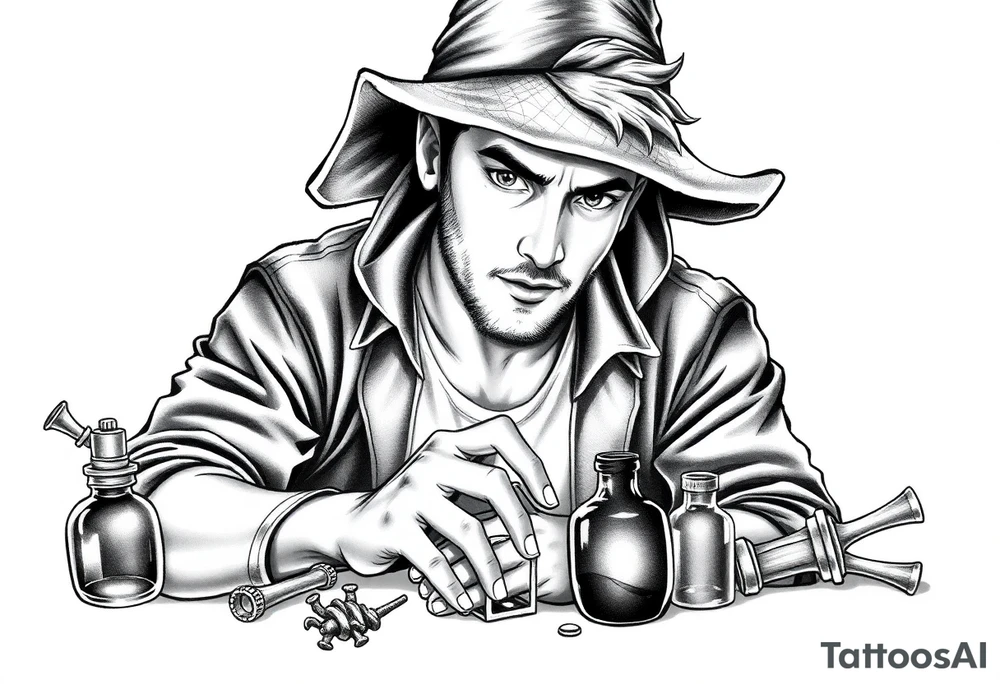 Handsome young adult guy is  accidentally stumbled upon witch tools, supplies, artifacts, potions and exploring it curiously tattoo idea