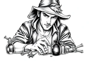 Handsome young adult guy is  accidentally stumbled upon witch tools, supplies, artifacts, potions and exploring it curiously tattoo idea