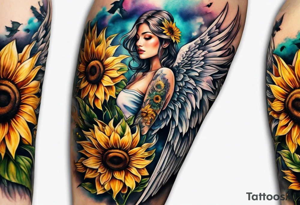 Sunflowers and angel wings leg sleeve tattoo idea