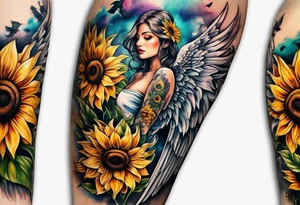 Sunflowers and angel wings leg sleeve tattoo idea