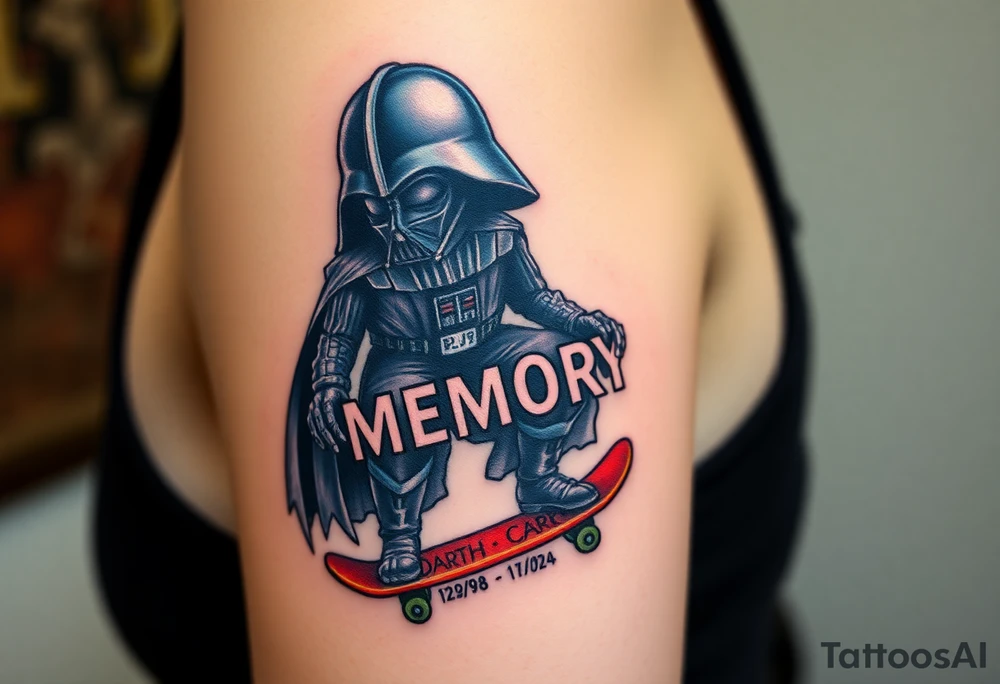 Darth Vader skateboarding >
blue & red
skateboard words "Darth Carter"
MEMORY 12/29/88-01/06/24 tattoo idea