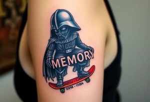 Darth Vader skateboarding >
blue & red
skateboard words "Darth Carter"
MEMORY 12/29/88-01/06/24 tattoo idea