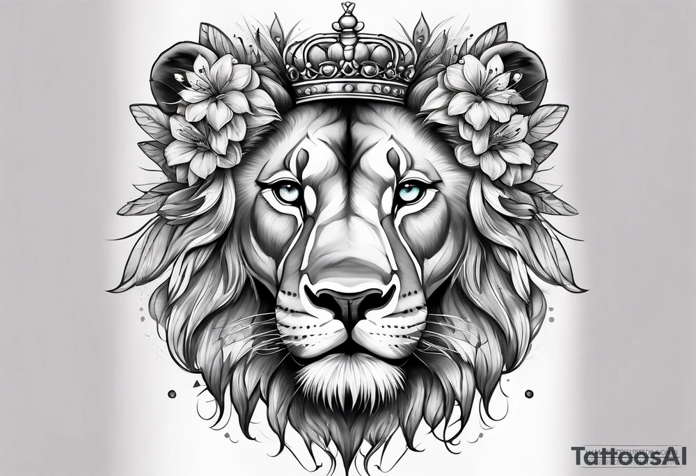 African lion covered in lilies butterflies crown main made of feathers tattoo idea