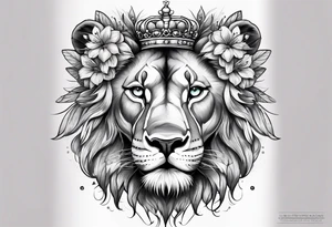 African lion covered in lilies butterflies crown main made of feathers tattoo idea