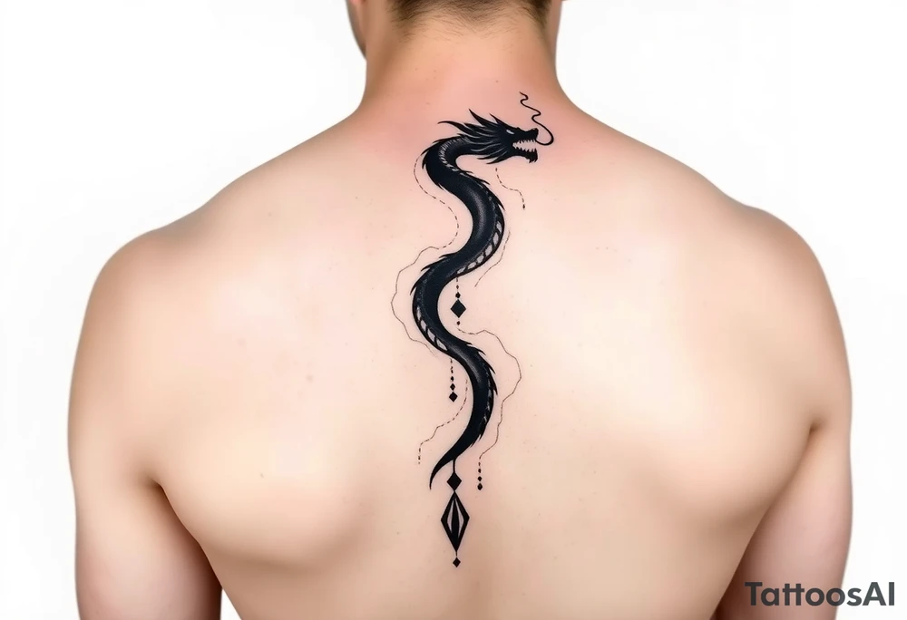 A vertical back tattoo featuring a minimalist, ink-brush style dragon, flowing down the spine like smoke or calligraphy. The dragon is abstract and dynamic, with soft, fluid black strokes. incorporating Amazigh (Berber) symbols for strength, freedom, and identity. The design should reflect themes of transformation, grounding, and soul direction, resonating with a journey of inner rebirth and spiritual embodiment. Style: fine linework, sacred geometry, tribal influence, and dotwork. Ink: black or dark brown. tattoo idea