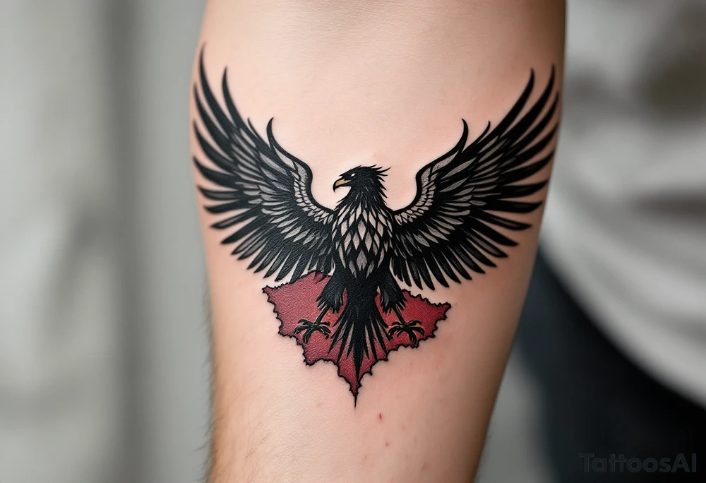 A detailed black eagle in flight, with its wings partially merging into a faded vintage-style map of the Czech republic. The borders of the region are highlighted in deep red, symbolizing history and unity. tattoo idea