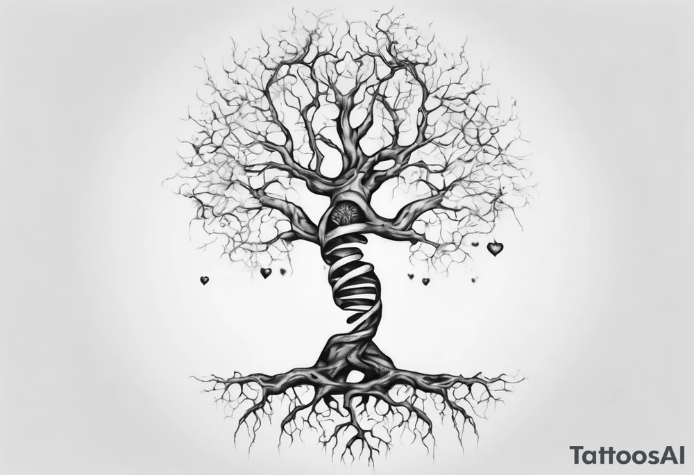 Tree with no leaves with it's main trunk main of DNA wends with a heart. Has serotonin structure on tree branch tattoo idea