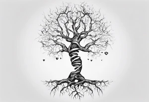 Tree with no leaves with it's main trunk main of DNA wends with a heart. Has serotonin structure on tree branch tattoo idea