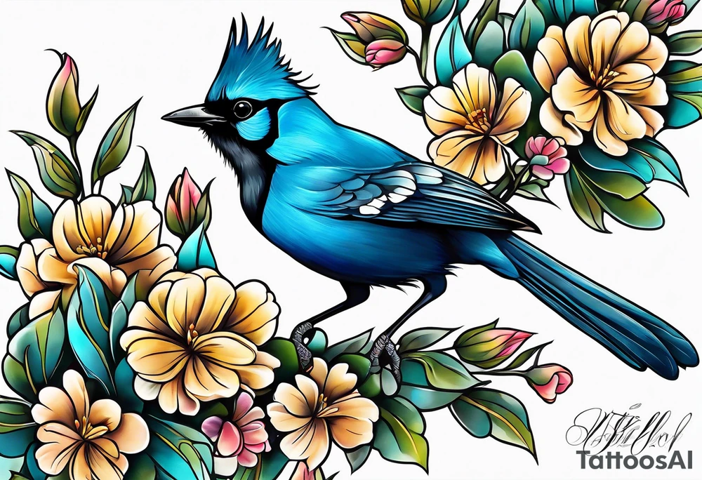 Steller’s Jay bird with flowers tattoo idea