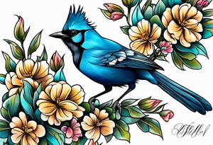 Steller’s Jay bird with flowers tattoo idea