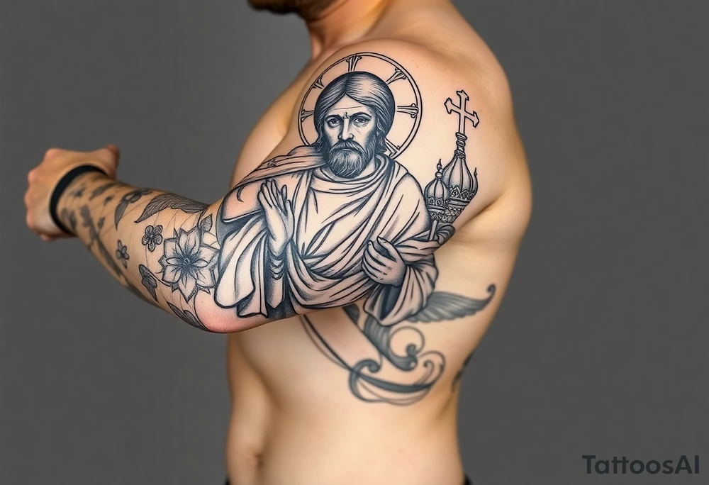 russian orthodox christian left arm tattoo with jesus & orthodox st basils setting tattoo idea
