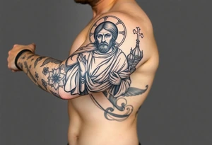 russian orthodox christian left arm tattoo with jesus & orthodox st basils setting tattoo idea