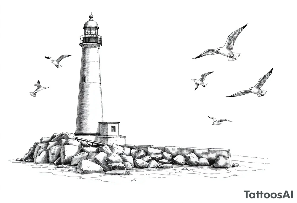 Lighthouse in the sea with jetty around flying seagulls tattoo idea