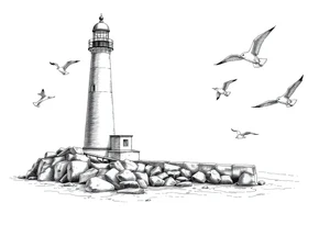 Lighthouse in the sea with jetty around flying seagulls tattoo idea