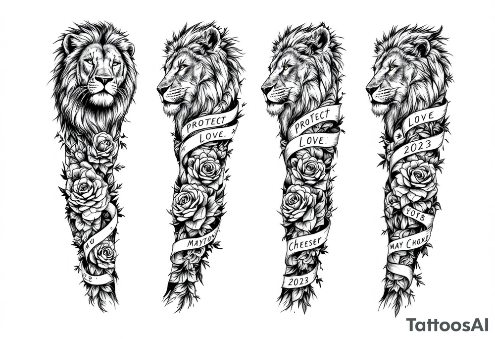 Full sleeve with the words, protect, love, and cherish. With my daughters name “Sutton” and her birthday May 30th 2023 with a lion and roses. tattoo idea