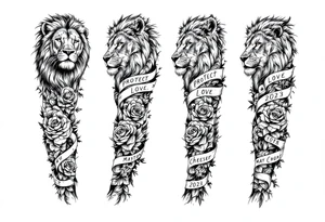 Full sleeve with the words, protect, love, and cherish. With my daughters name “Sutton” and her birthday May 30th 2023 with a lion and roses. tattoo idea