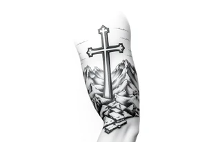 russian orthodox cross in a mountainous setting tattoo idea