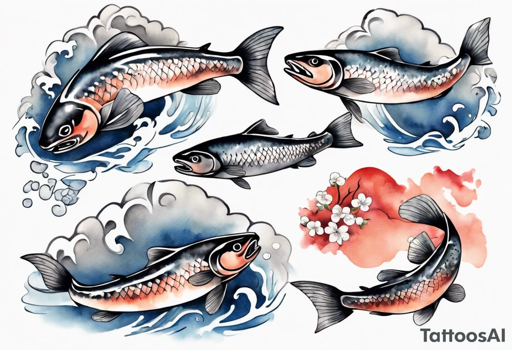 stylized Japanese salmon in grey water tattoo idea