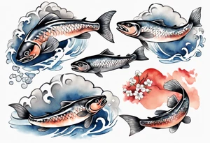 stylized Japanese salmon in grey water tattoo idea
