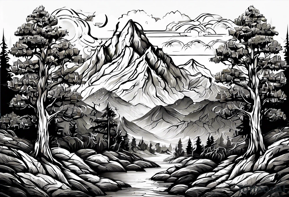 Three mountains three trees with roots tattoo idea