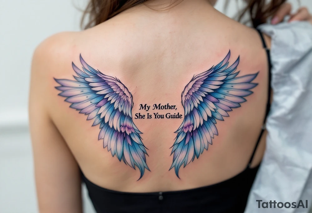 A pair of angel wings in light blue and lavender with “My Mother, She Is My Guide” between them. tattoo idea