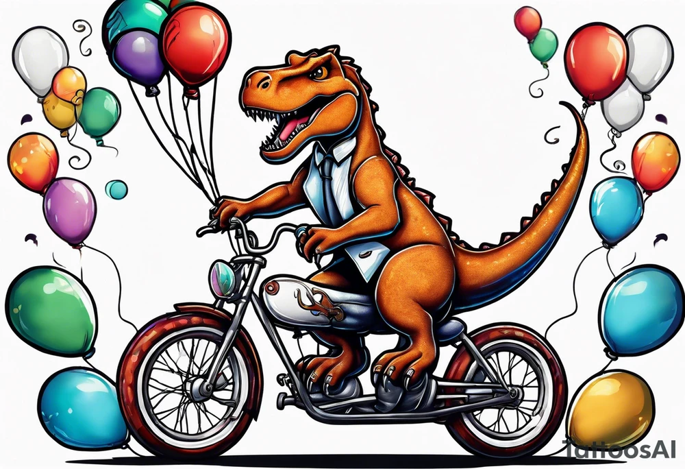 Trex riding a bicycle holding balloons neo trad tattoo idea