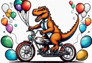 Trex riding a bicycle holding balloons neo trad tattoo idea