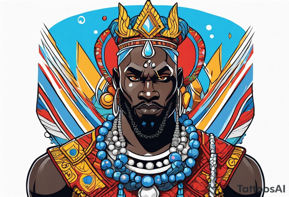 Black-skinned african god of war with a small silver crown, no armor, and two ball necklaces: one blue, other red tattoo idea